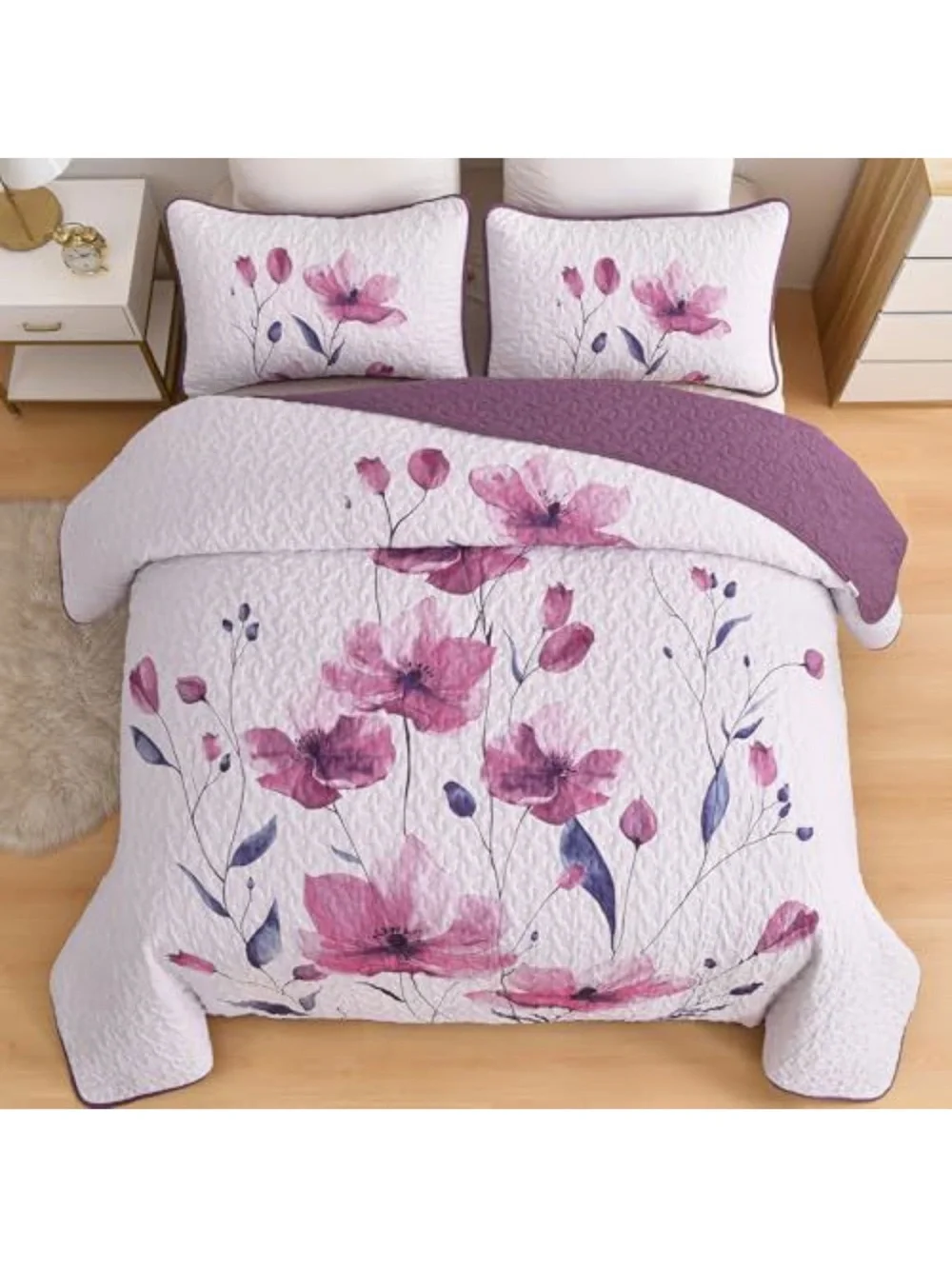Floral Pink Quilt Set - Light Pink and Plum Bedding